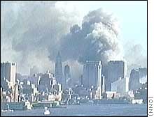 NYC's skyline billows with smoke, the WTC destroyed